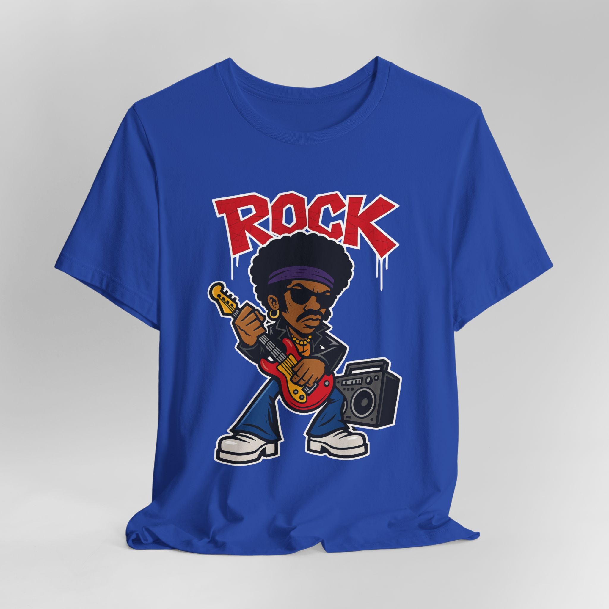 Blue t-shirt with a graphic of a rock musician playing guitar and holding a boombox, with 'ROCK' text above.