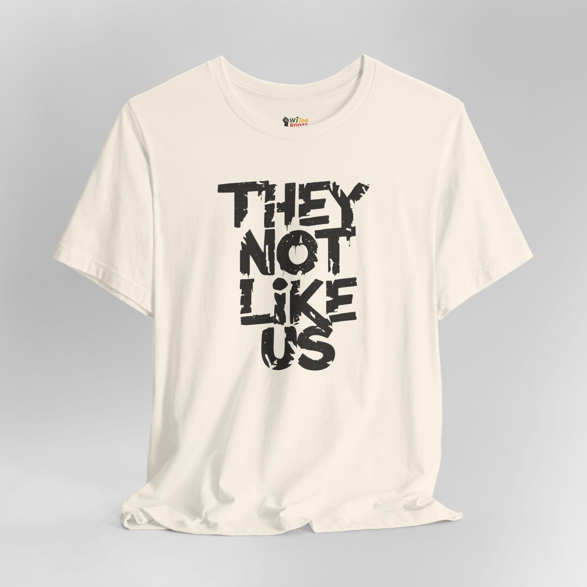 White t-shirt with black text 'THEY NOT LIKE US' on a gray background
