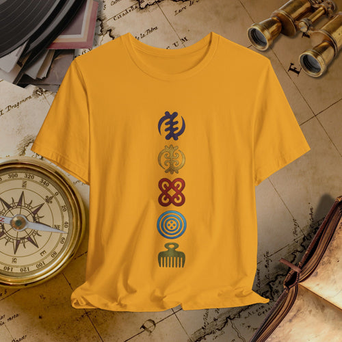 Mustard t-shirt with four colorful symbols on a vintage map background