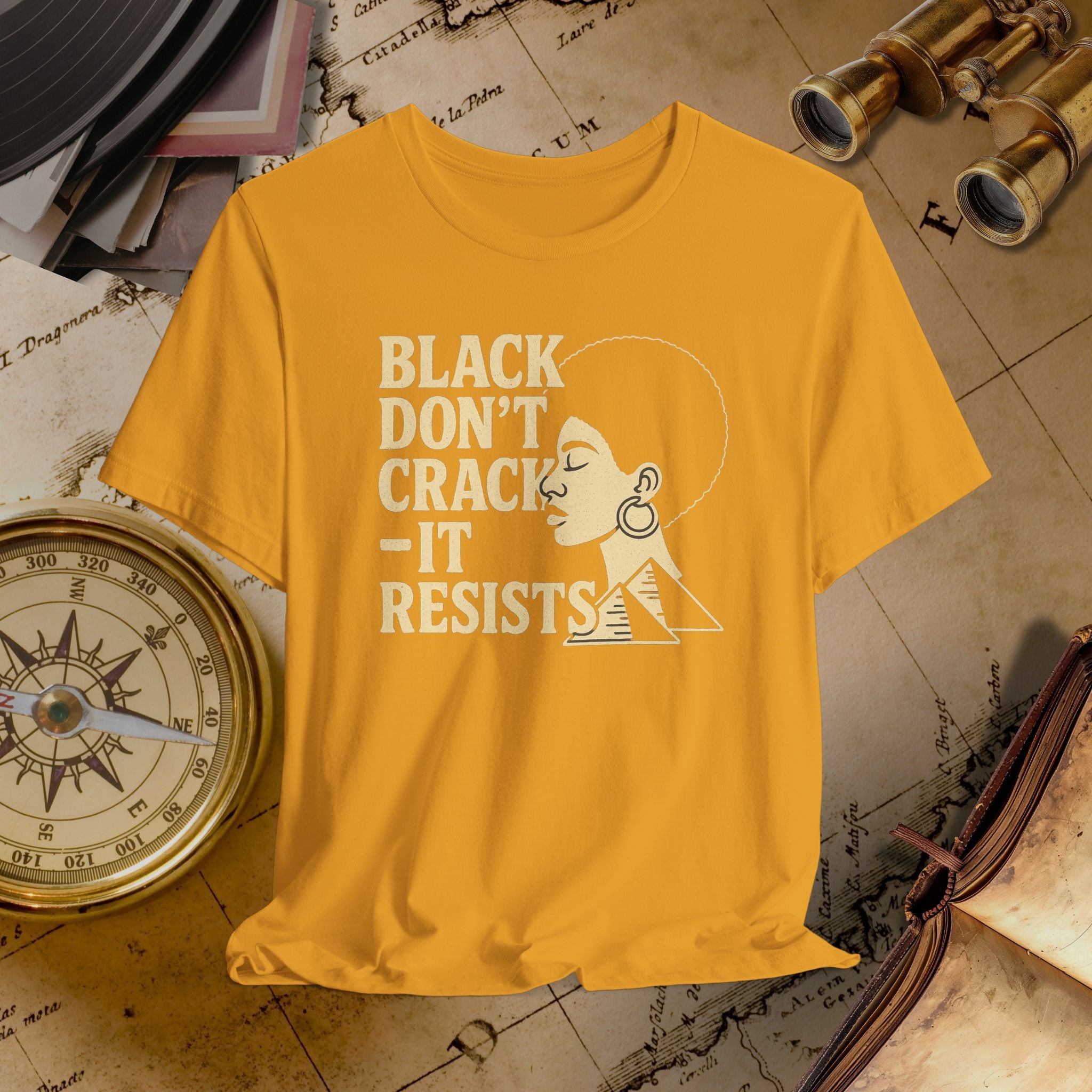 Mustard t-shirt with text on a vintage map background