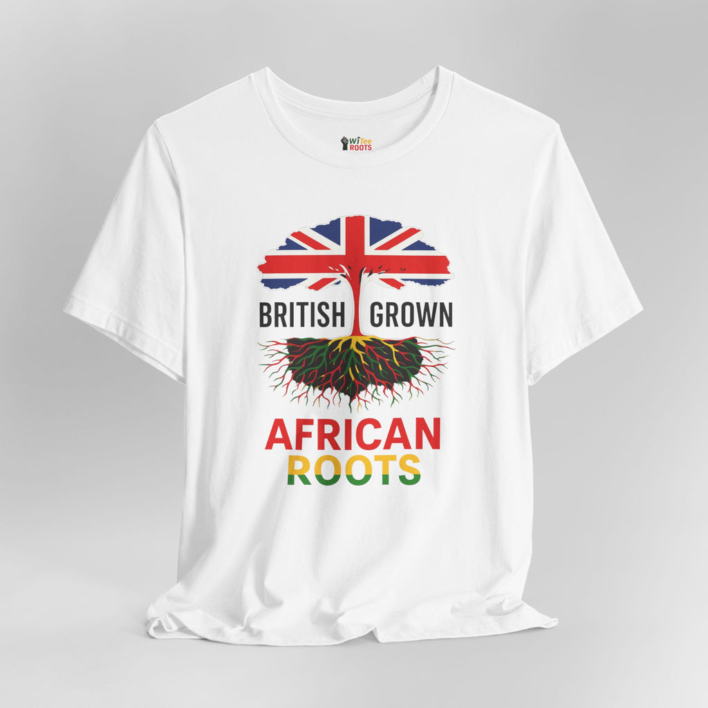White t-shirt with 'British Grown African Roots' design on a gray background