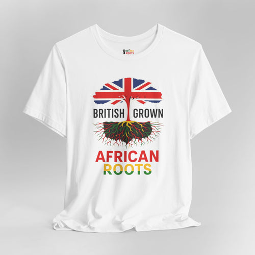 White t-shirt with 'British Grown African Roots' design on a gray background