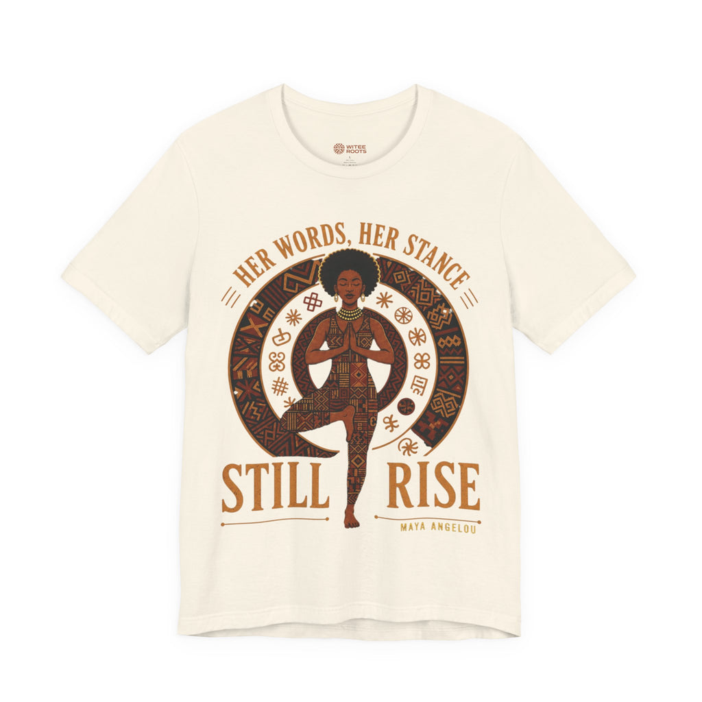 An off-white short-sleeve t-shirt with a graphic print of a woman in a yoga pose, surrounded by the text 'HER WORDS, HER STANCE STILL RISE' and 'MATH ANGELUS'.
