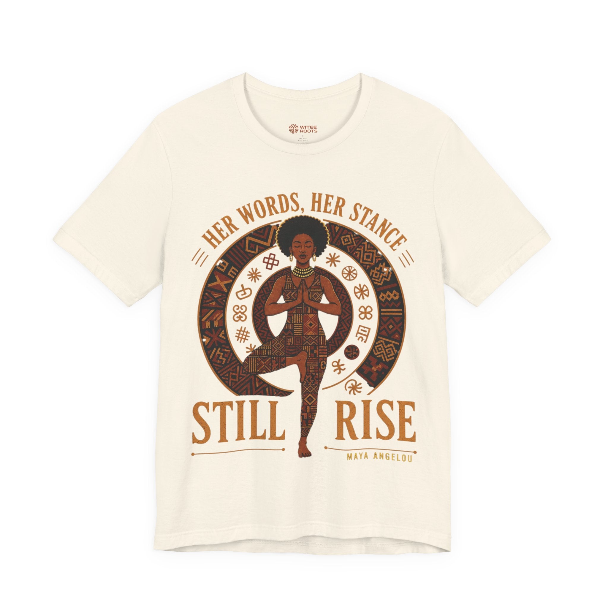 An off-white short-sleeve t-shirt with a graphic print of a woman in a yoga pose, surrounded by the text 'HER WORDS, HER STANCE STILL RISE' and 'MATH ANGELUS'.