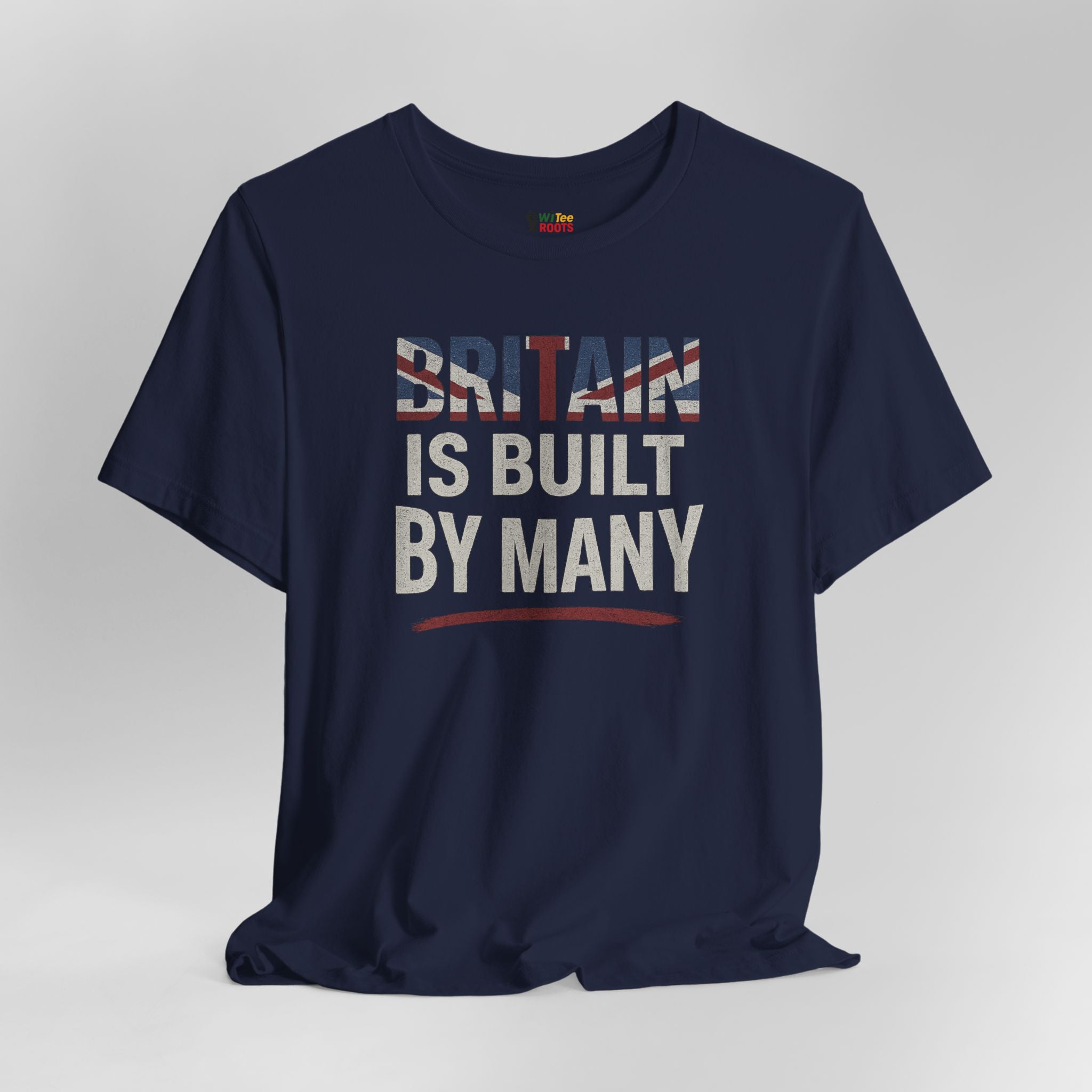 Navy blue t-shirt with 'BRITAIN IS BUILT BY MANY' text on a gray background