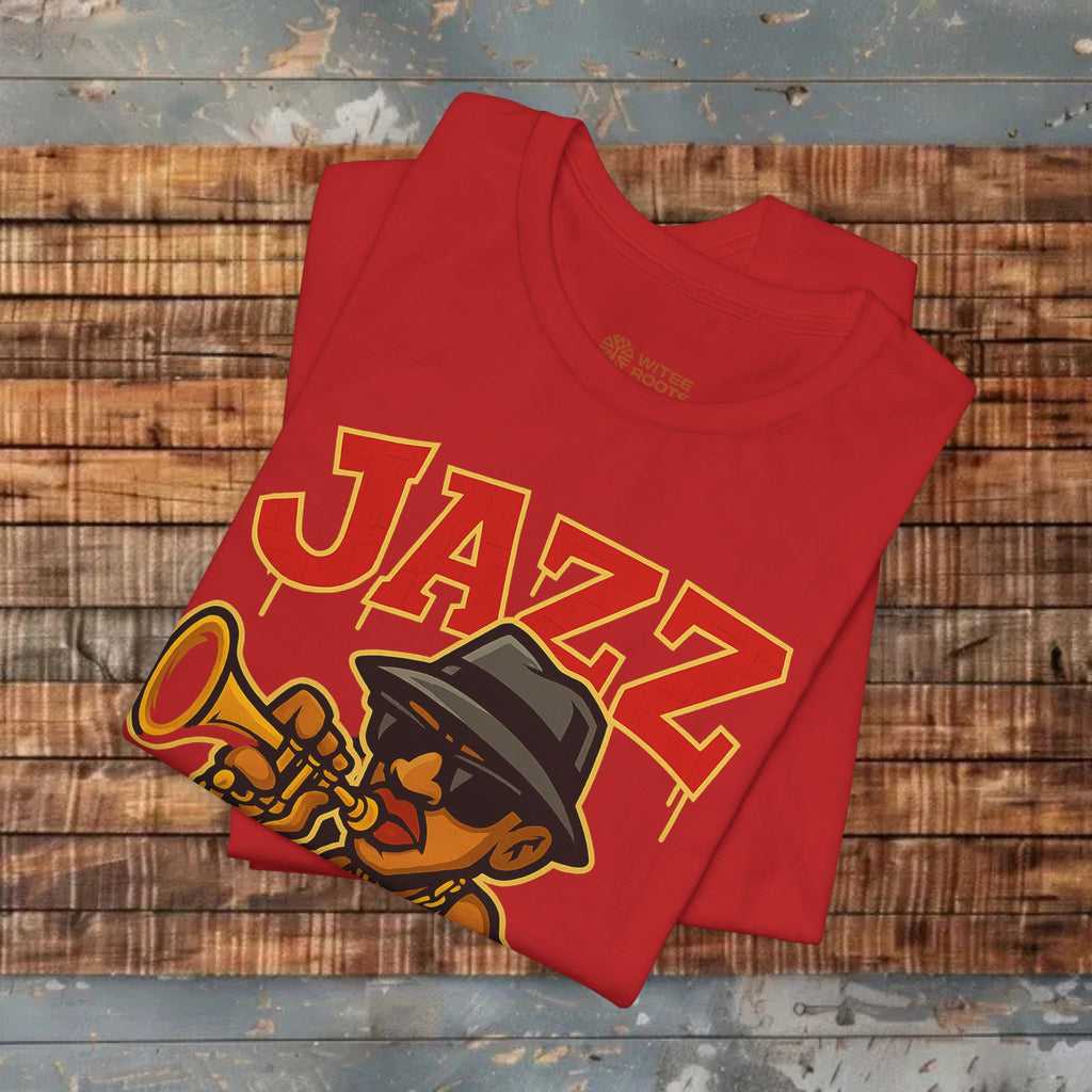 Red t-shirt with 'JAZZ' design on a wooden surface