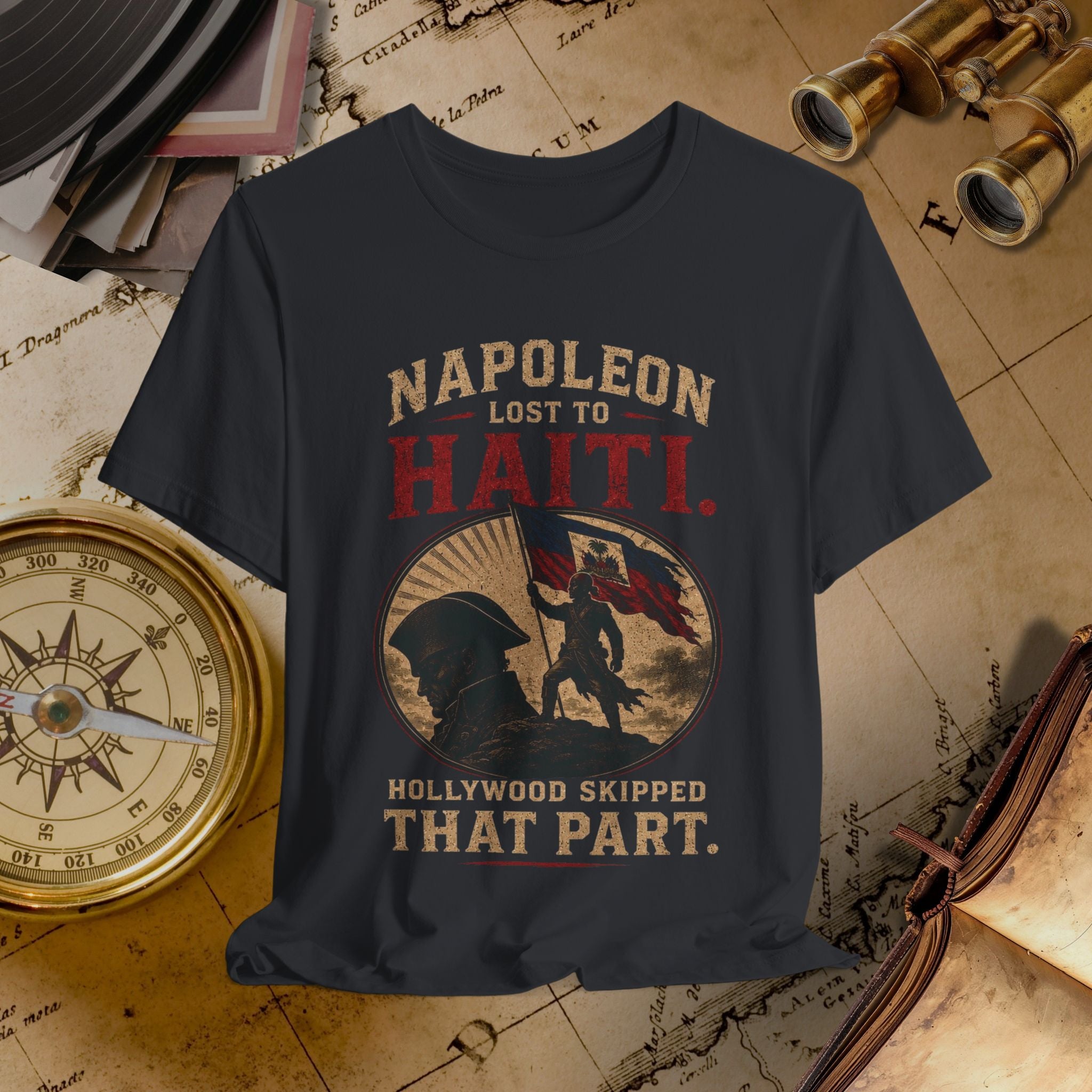 T-shirt with 'Napoleon Lost to Haiti' graphic on a vintage map background