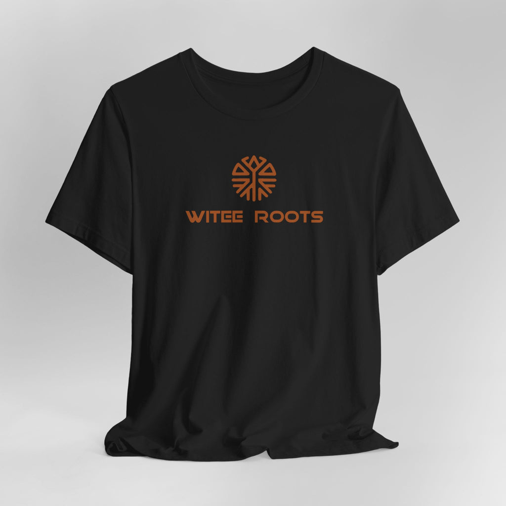 Black t-shirt with 'Witee Roots' logo on a light gray background