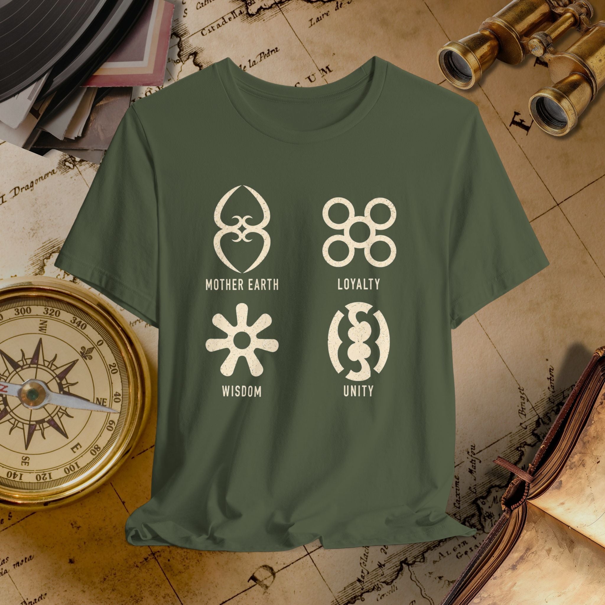 Green t-shirt with symbols and text on a vintage map background