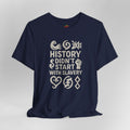 Navy blue t-shirt with white text and symbols on a gray background