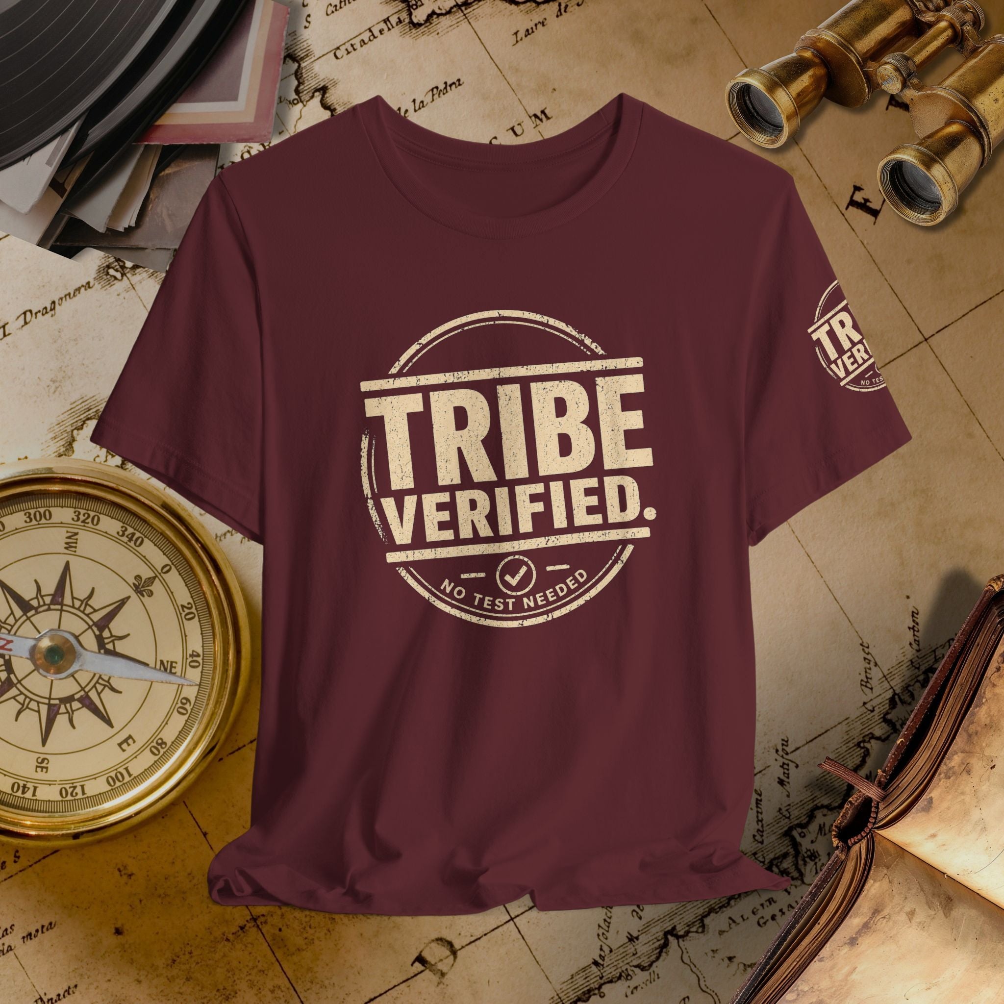 Maroon t-shirt with 'TRIBE VERIFIED' text on a vintage map background