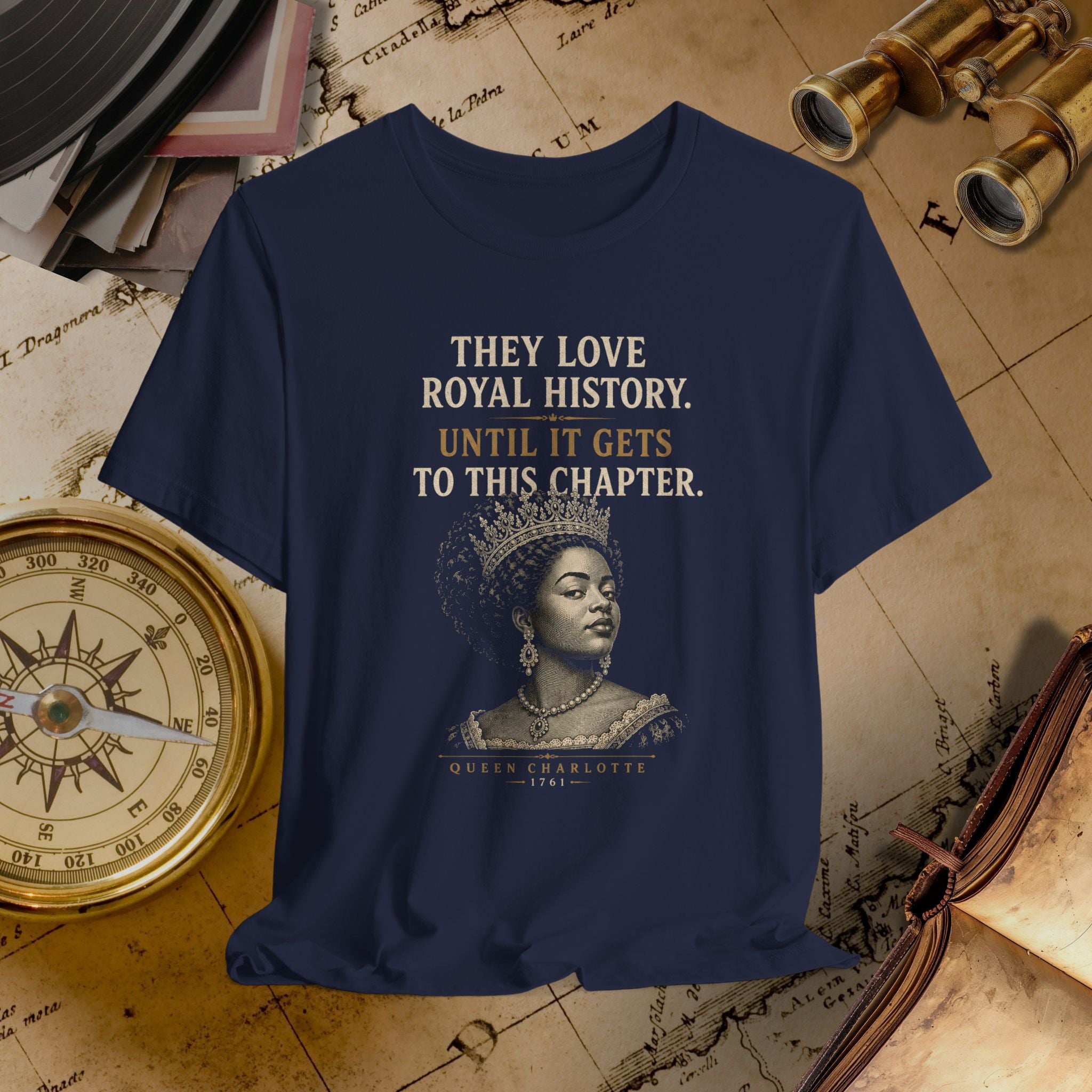 Navy blue t-shirt with a graphic and text on a vintage map background