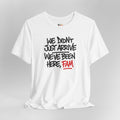 White t-shirt with black and red text on a gray background