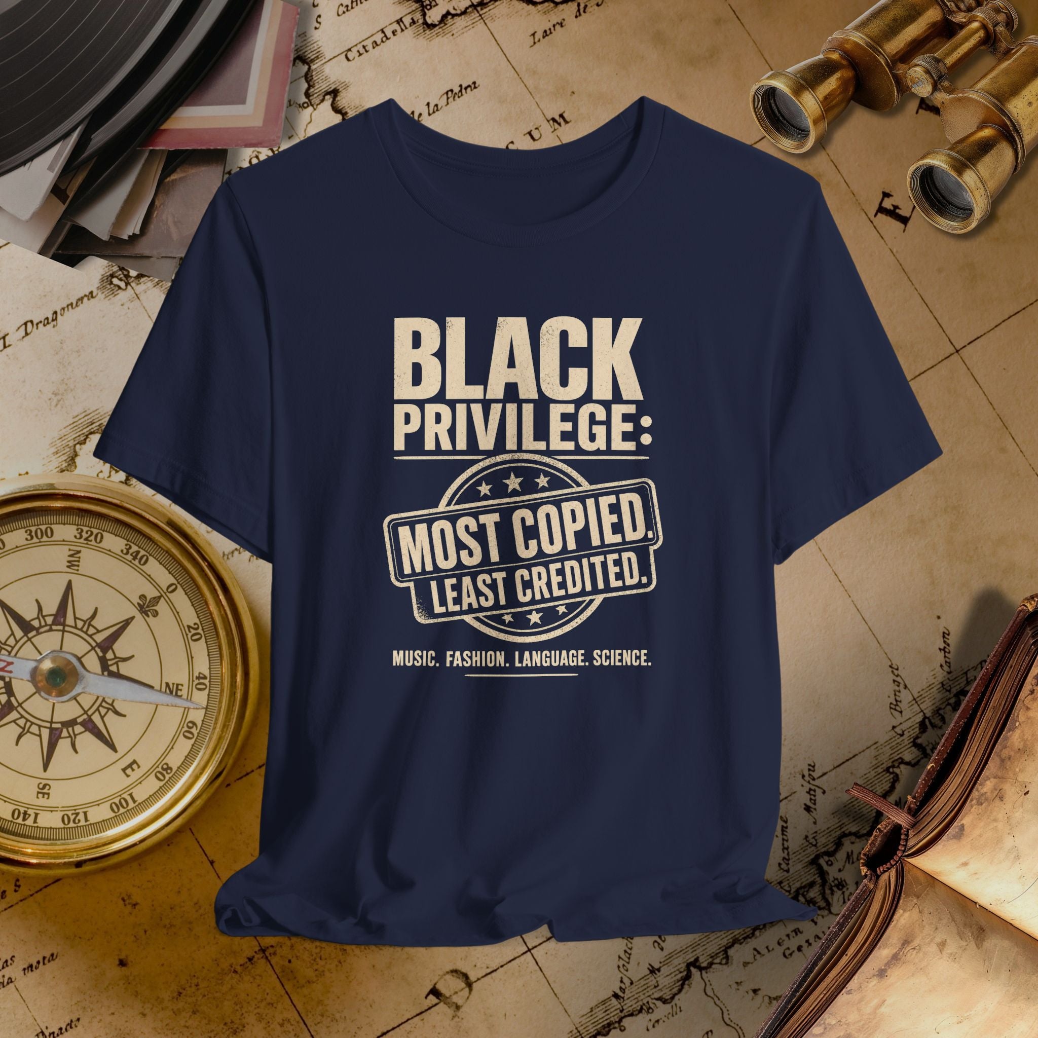 Navy blue t-shirt with 'Black Privilege' text on a vintage map background
