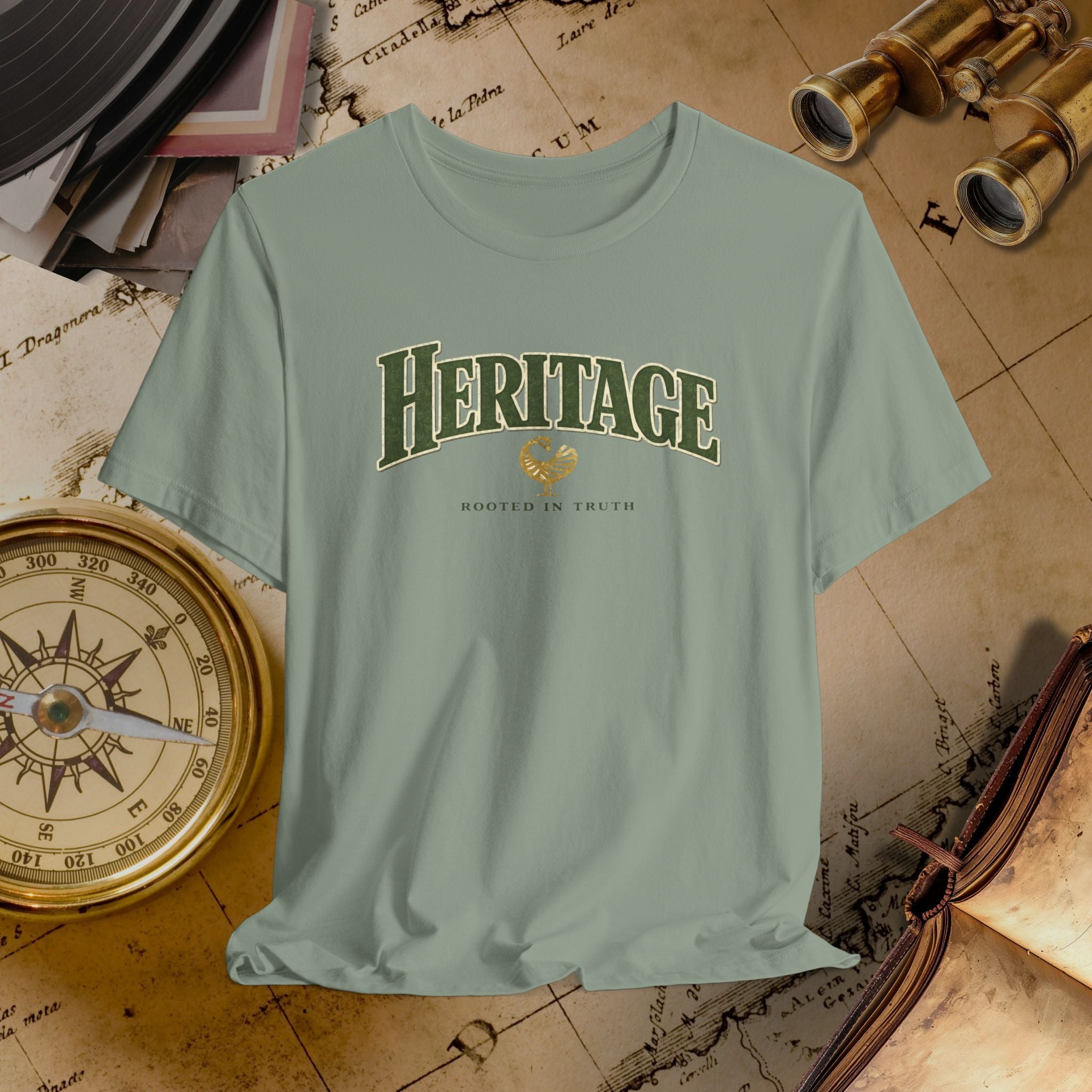 Light green t-shirt with 'HERITAGE' text on a vintage map background