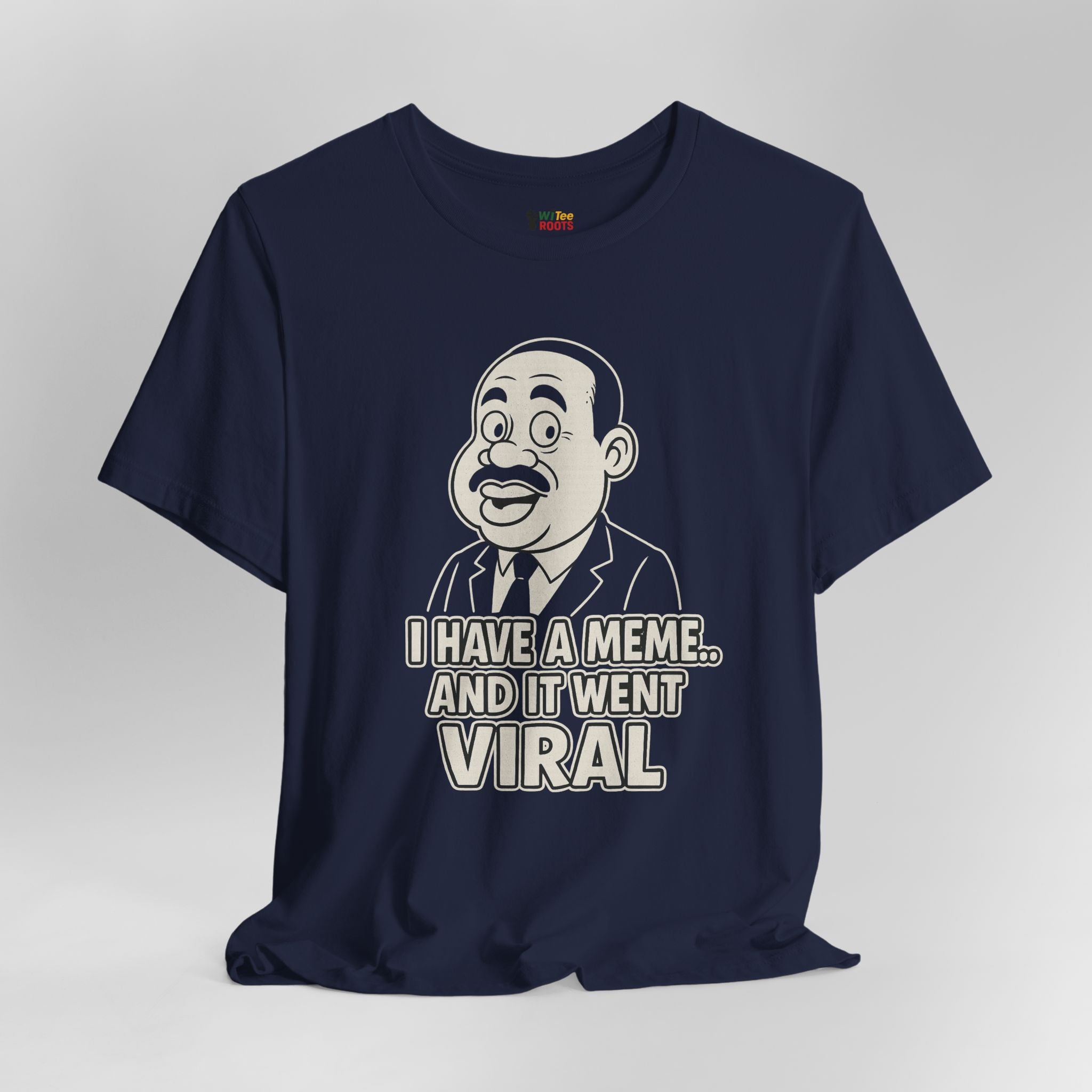 Navy blue t-shirt with a graphic of a man and text on a gray background