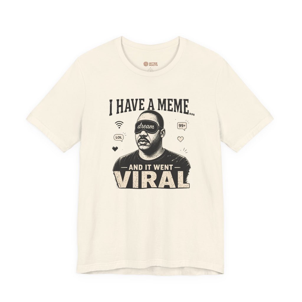 Beige t-shirt with graphic design and text on a white background