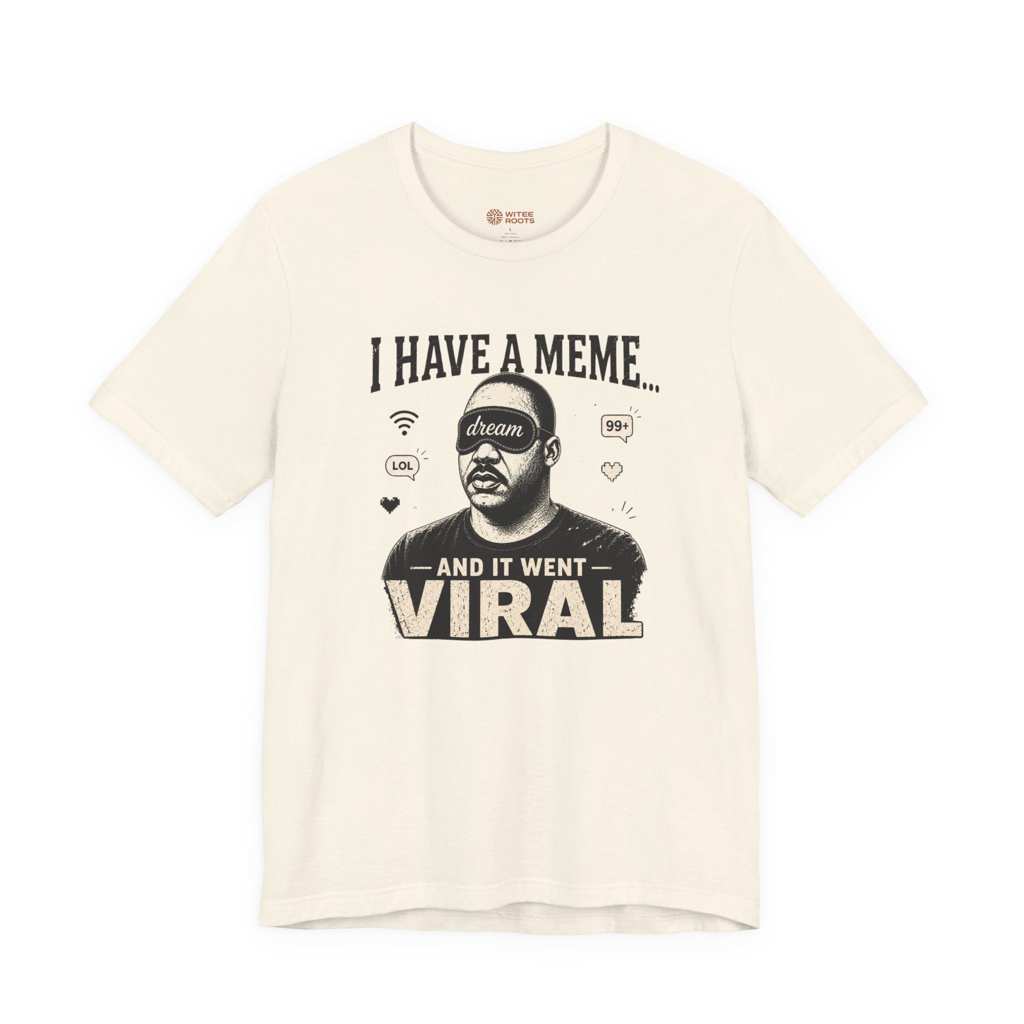 Beige t-shirt with graphic design and text on a white background