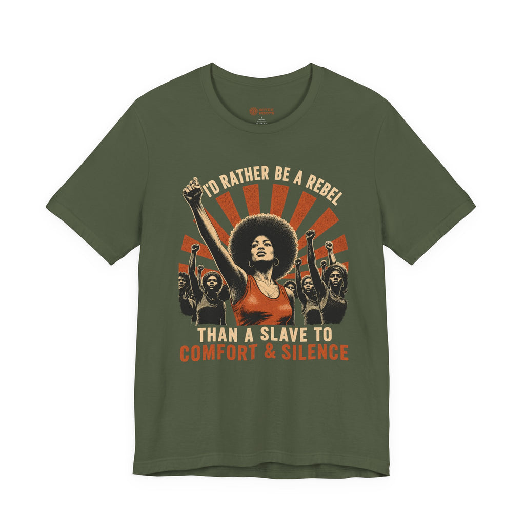 Green t-shirt with graphic design and text on a white background