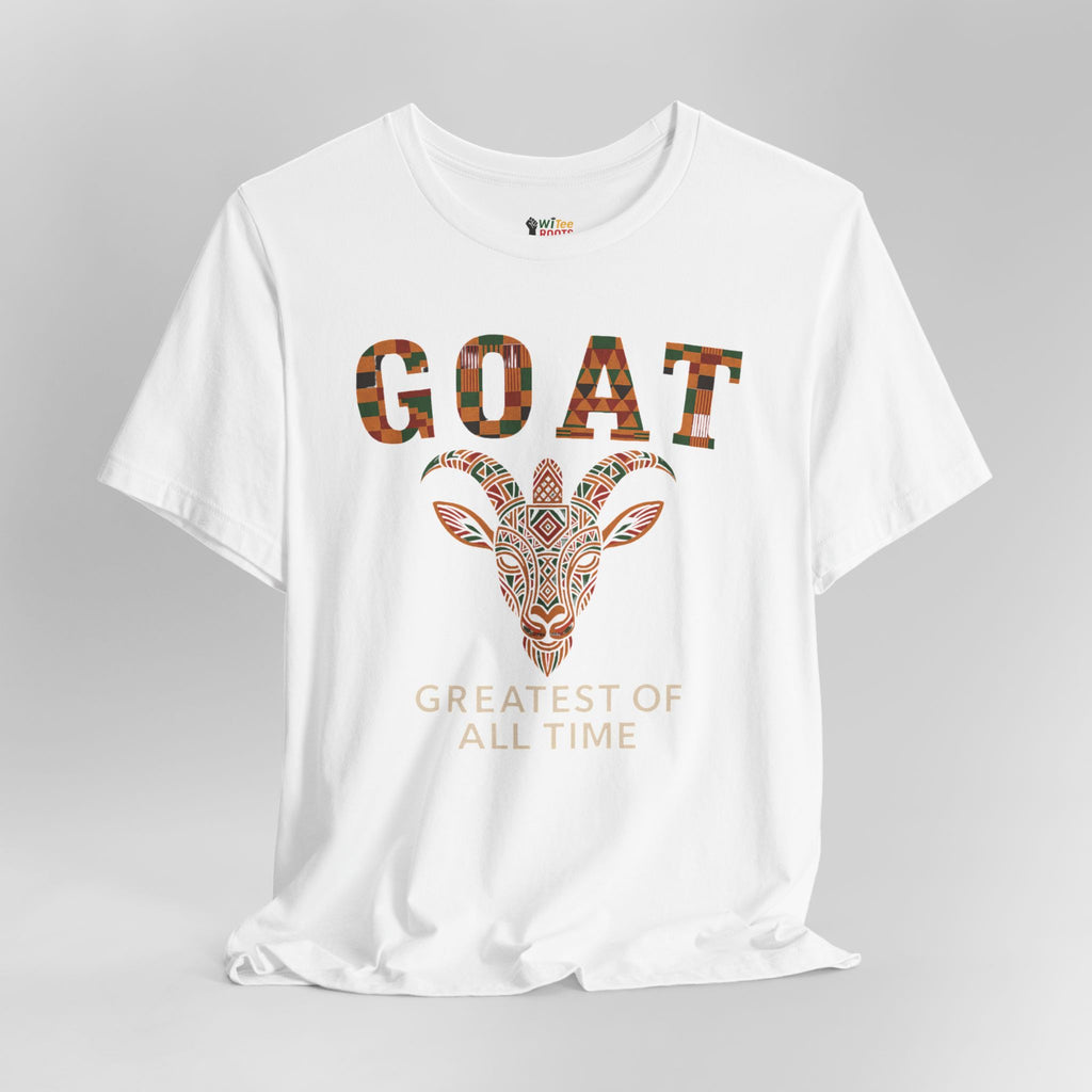 White t-shirt with 'GOAT Greatest of All Time' design featuring a goat illustration on a gray background