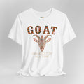 White t-shirt with 'GOAT Greatest of All Time' design featuring a goat illustration on a gray background