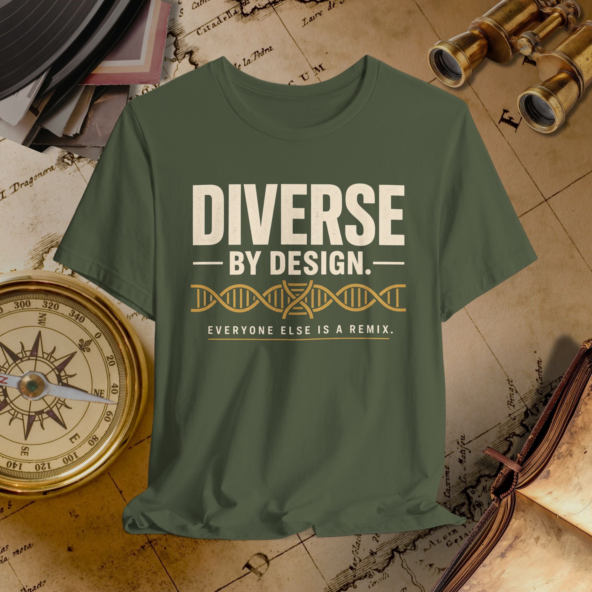 Green t-shirt with 'Diverse by Design' text on a vintage map background