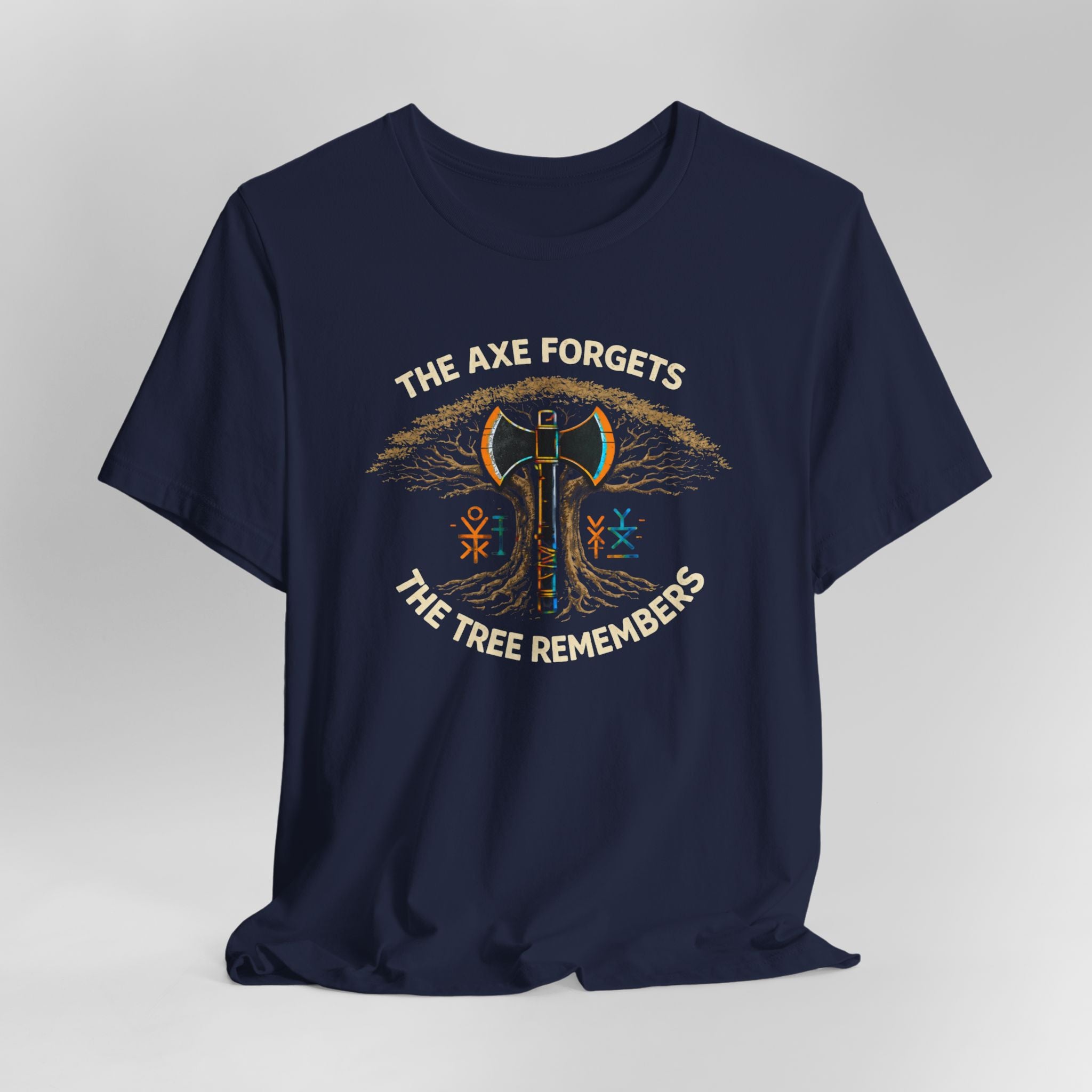 Navy blue t-shirt with graphic design and text on a light gray background