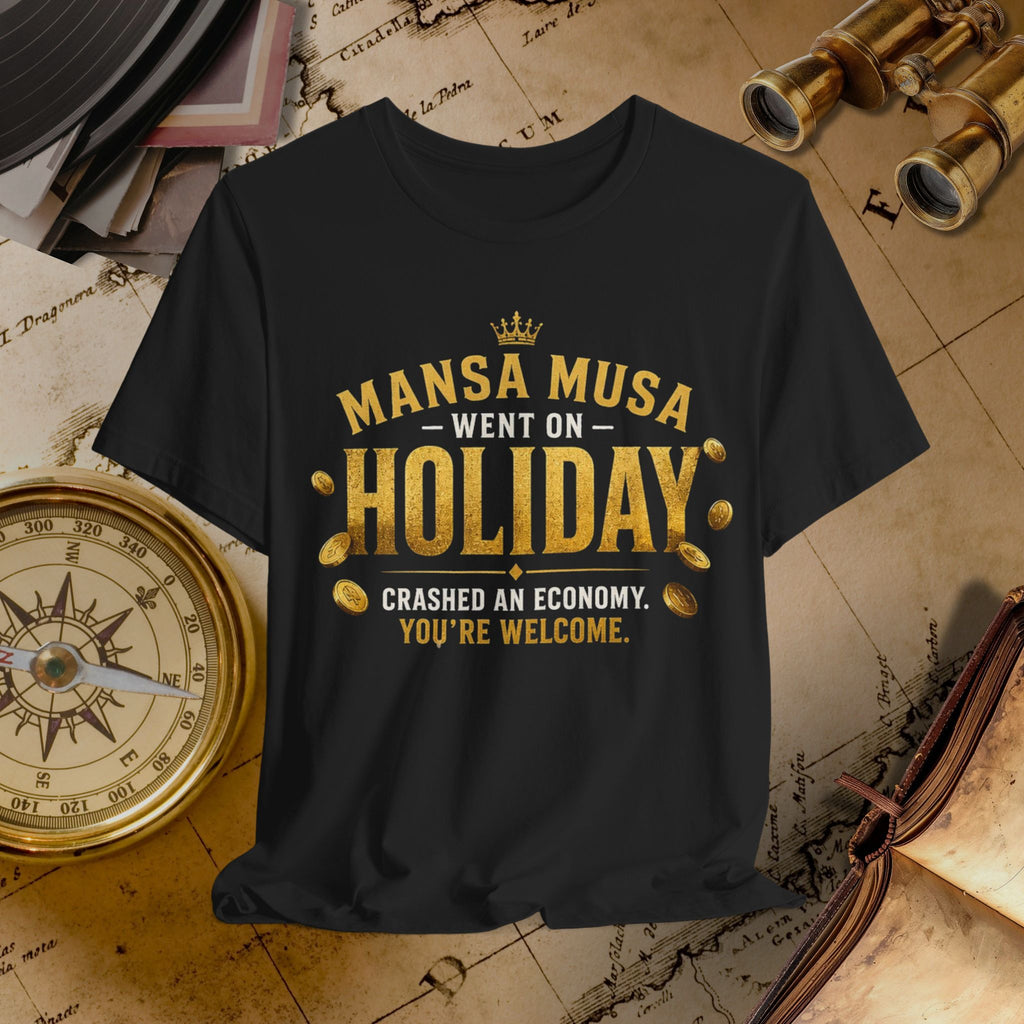 Black t-shirt with humorous text design on a vintage map background