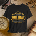 Black t-shirt with humorous text design on a vintage map background