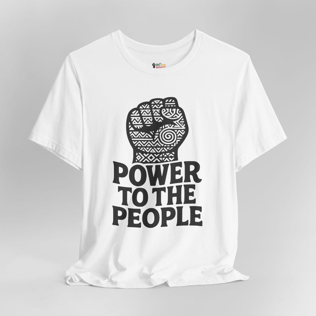 White t-shirt with black graphic and 'Power to the People' text on a gray background