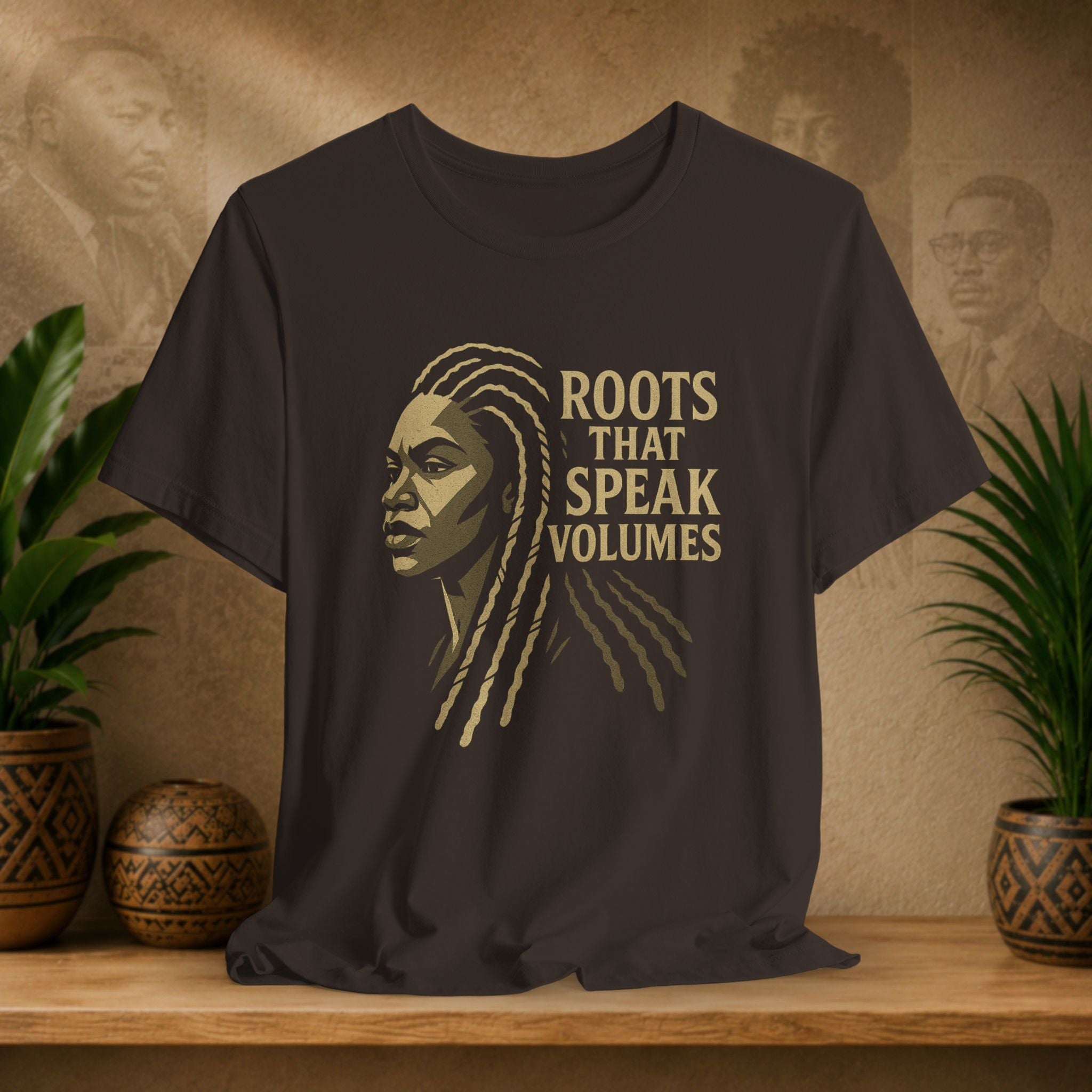 Black t-shirt with a graphic of a woman's face and 'Roots That Speak Volumes' text, displayed on a wooden surface with plants and decorative items.