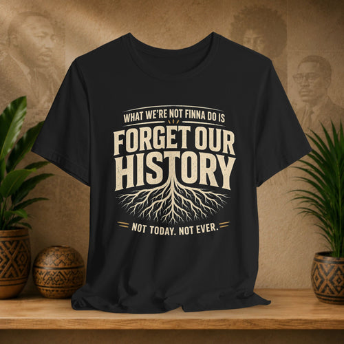 Black t-shirt with 'Forget Our History' text on a wooden surface with plants and a textured wall background