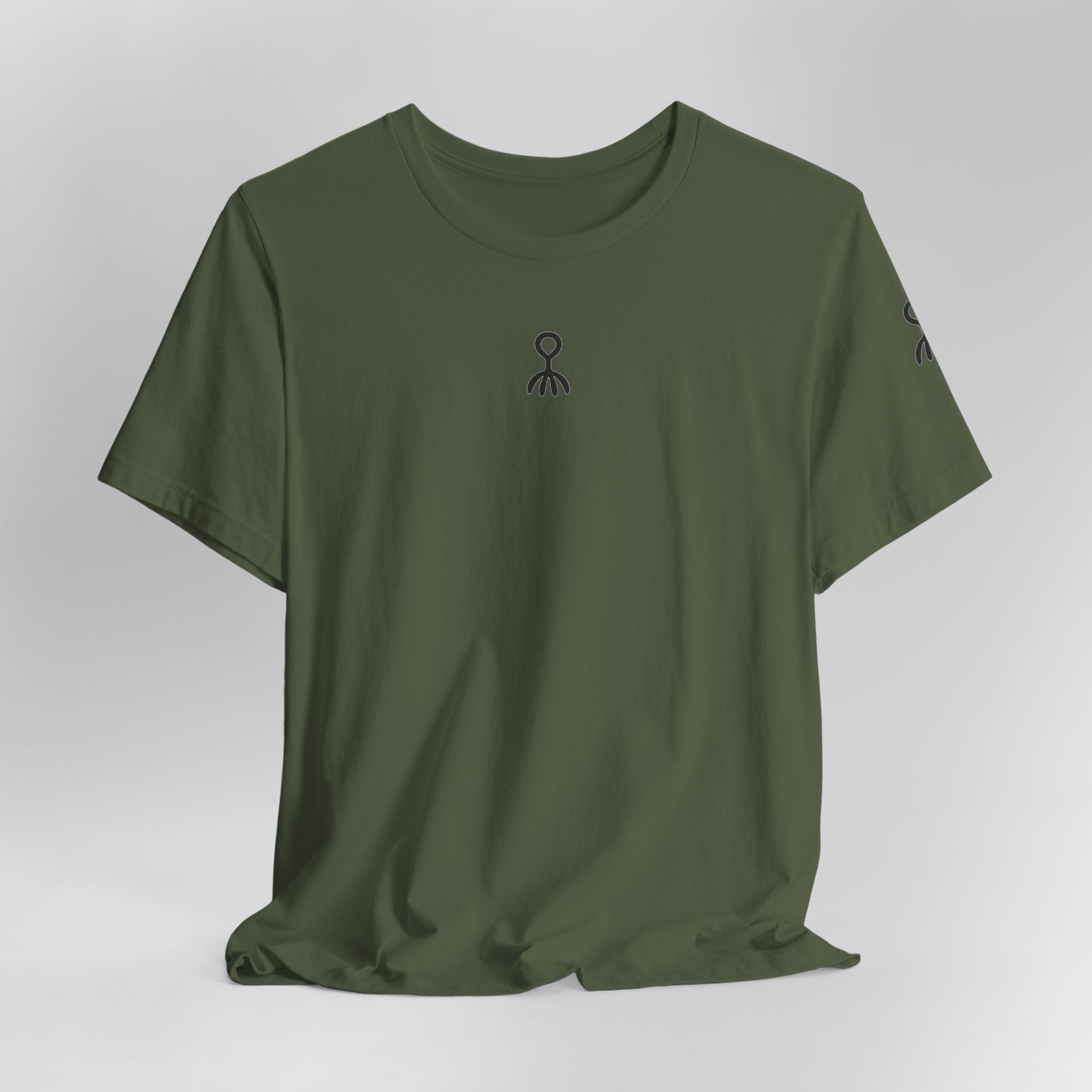 Green t-shirt with a small black logo on a light gray background