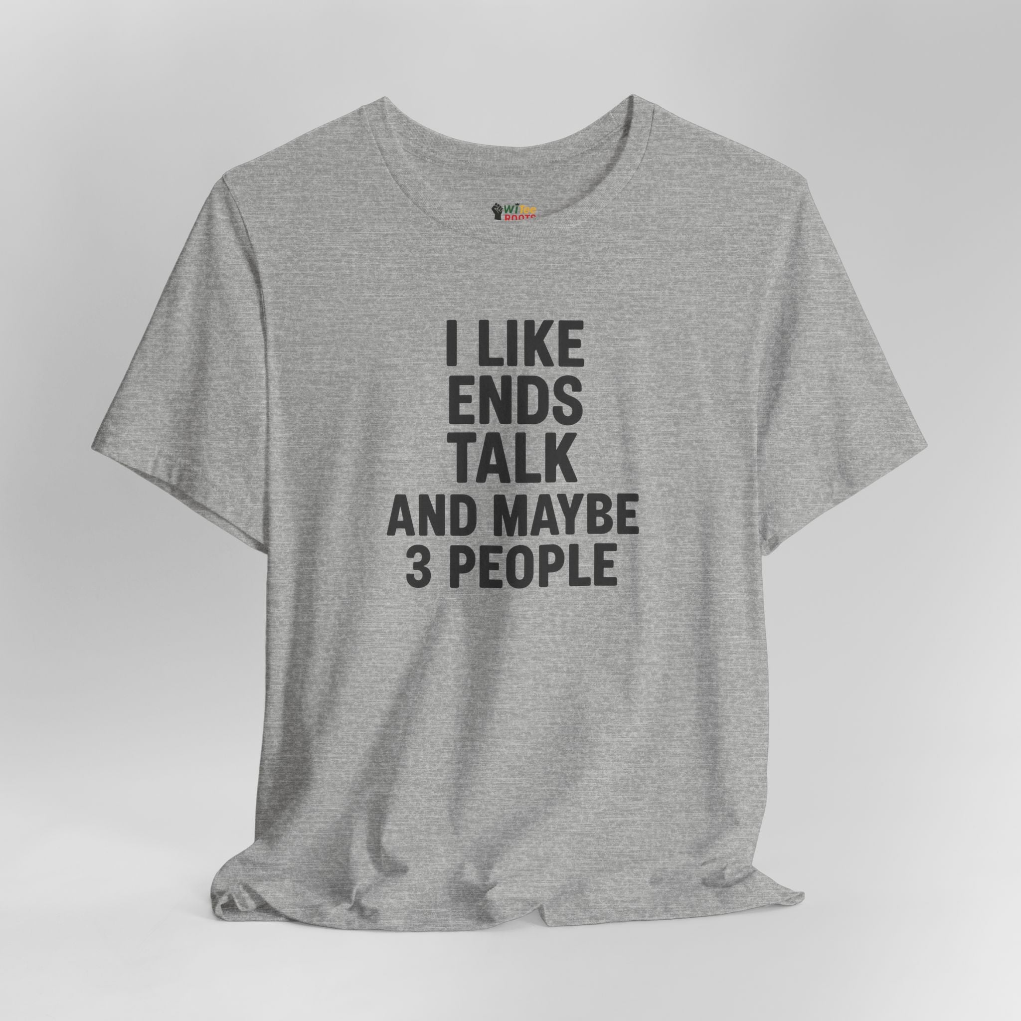 Gray t-shirt with black text on a white background