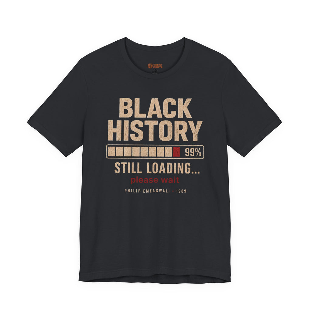 Black t-shirt with white text and airplane icon on a white background
