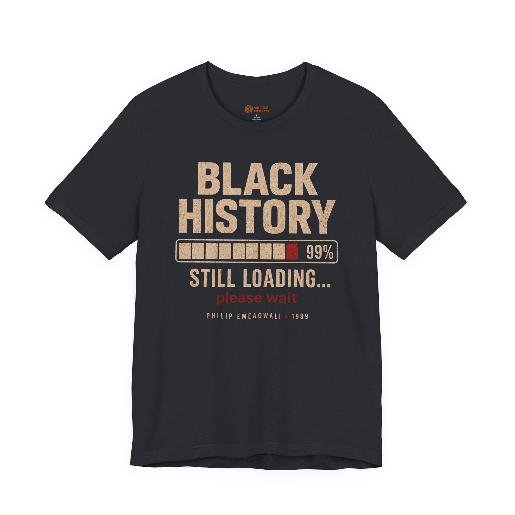 Black t-shirt with white text and airplane icon on a white background