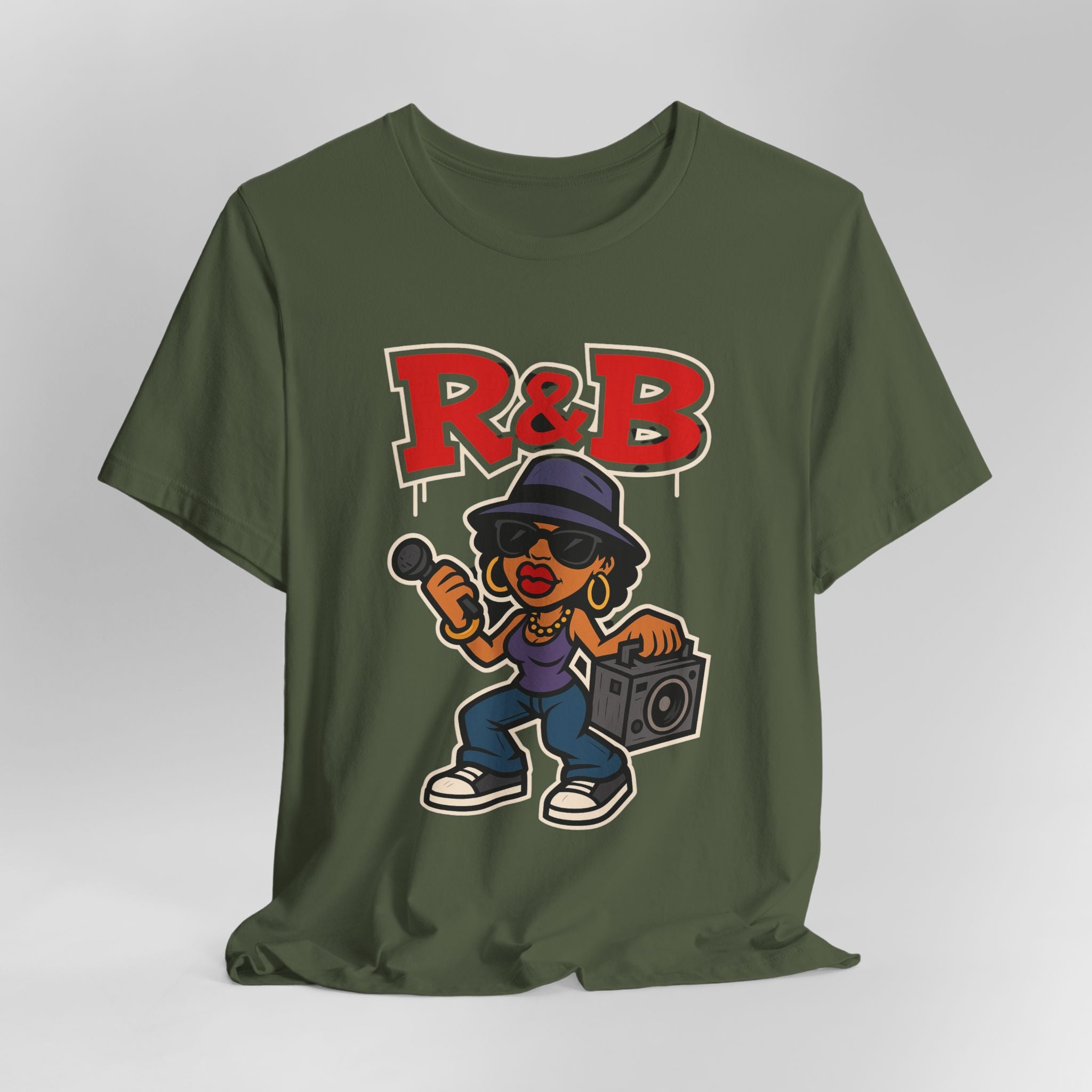 Green t-shirt with R&B graphic design featuring a cartoon character holding a boombox on a gray background