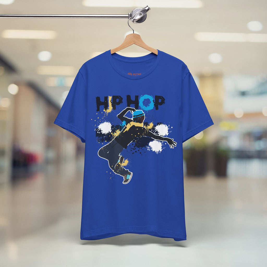 Blue t-shirt with 'HIP HOP' design on a hanger in a store setting