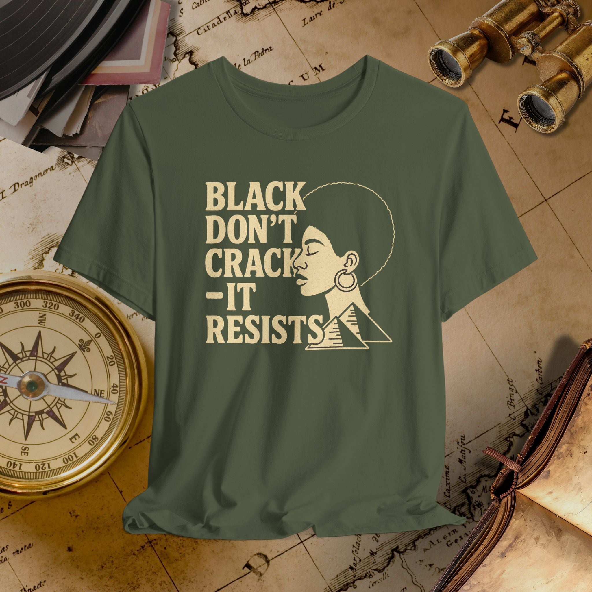 Green t-shirt with text on a vintage map background