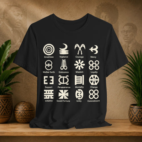 Black t-shirt with white symbols and text on a wooden surface with plants and a textured wall background