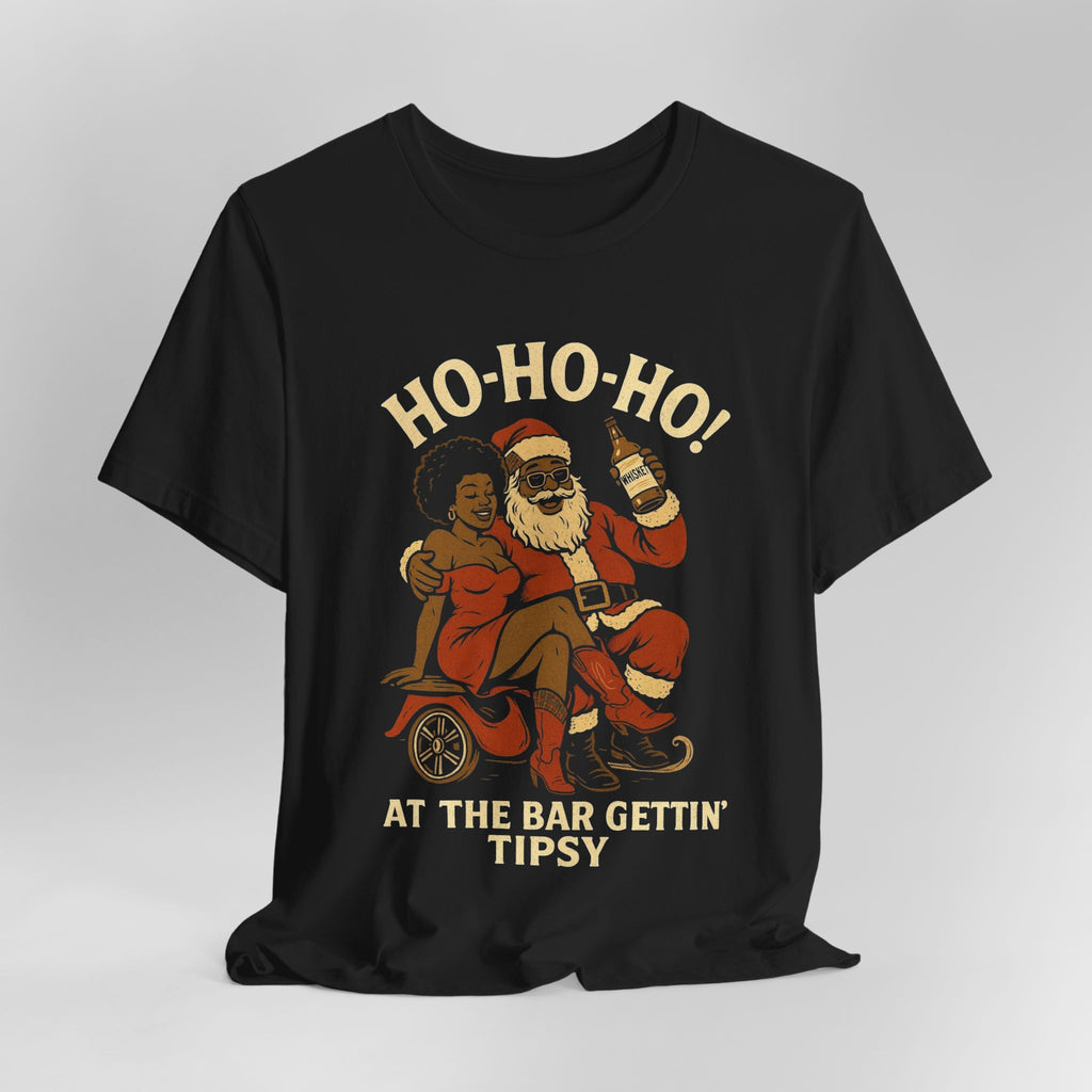 Black t-shirt with a graphic of Santa Claus and an African-American man, text 'HO-HO-HO! AT THE BAR GETTIN' TIPSY' on a gray background.