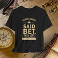 Black t-shirt with text on a vintage map background
