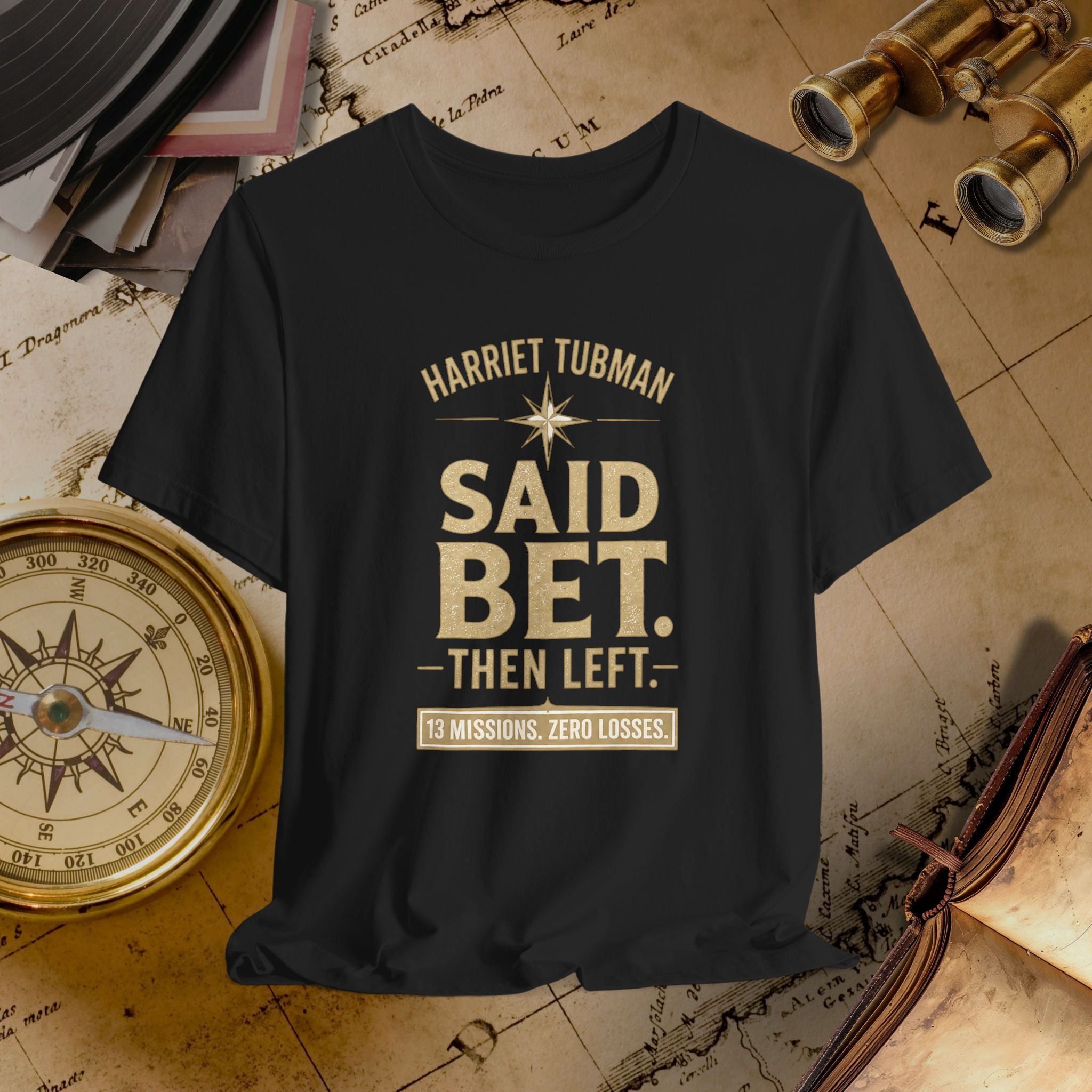 Black t-shirt with text on a vintage map background