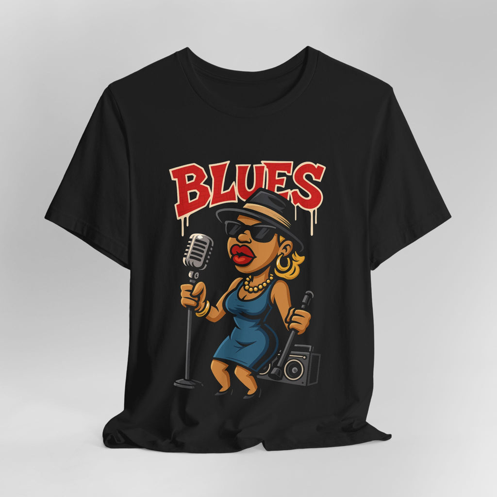 Black t-shirt with a graphic of a woman singing into a microphone and the word 'BLUES' on a gray background