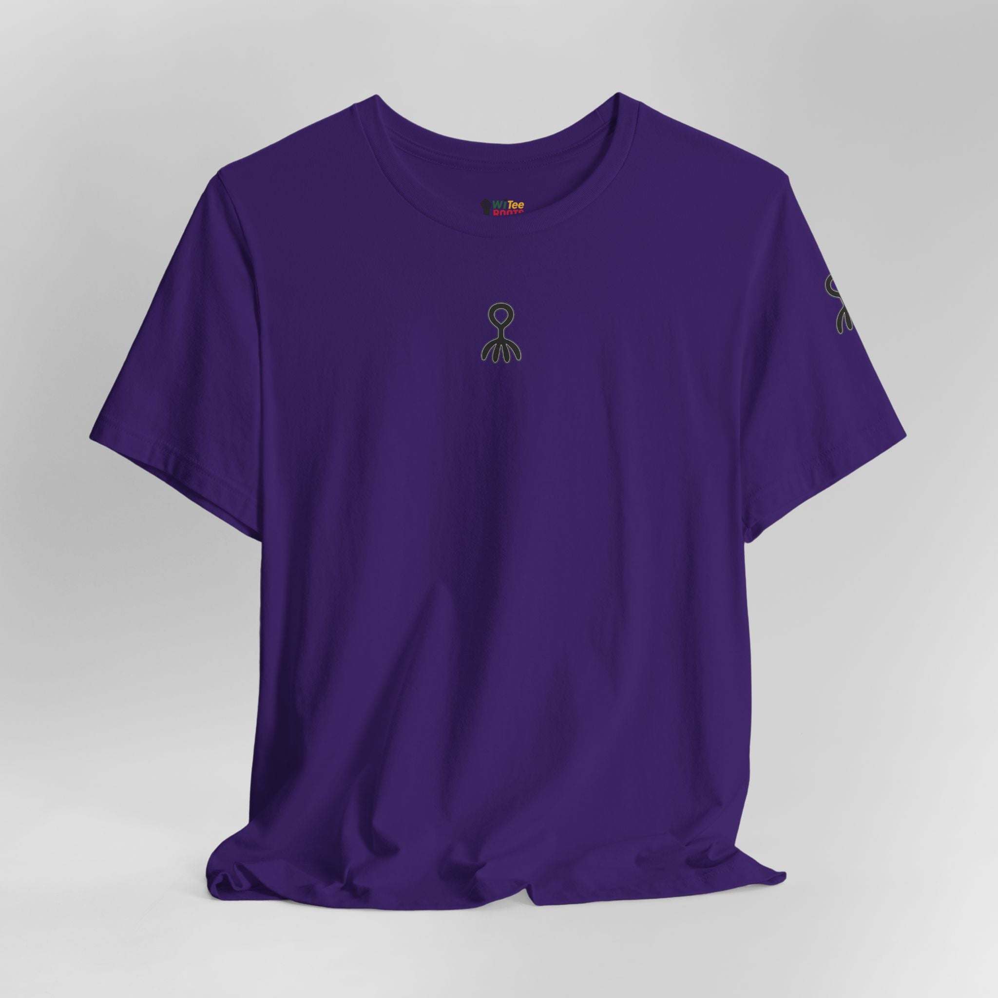 Purple t-shirt with a small logo on a light gray background
