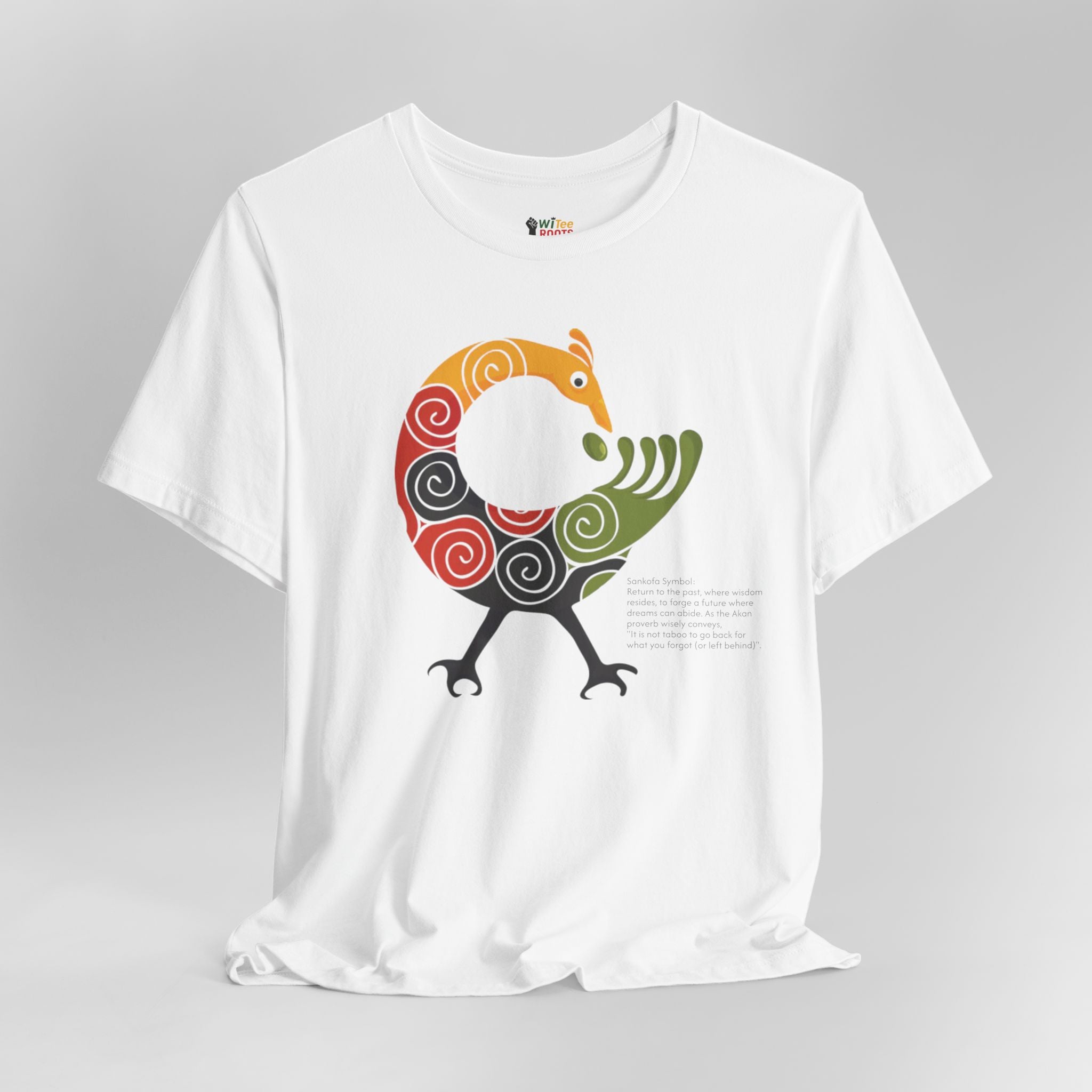 White t-shirt with a colorful abstract design on a gray background