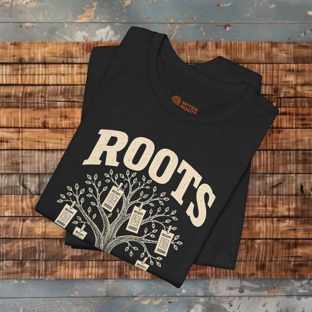 Black t-shirt with 'ROOTS' design on a wooden surface