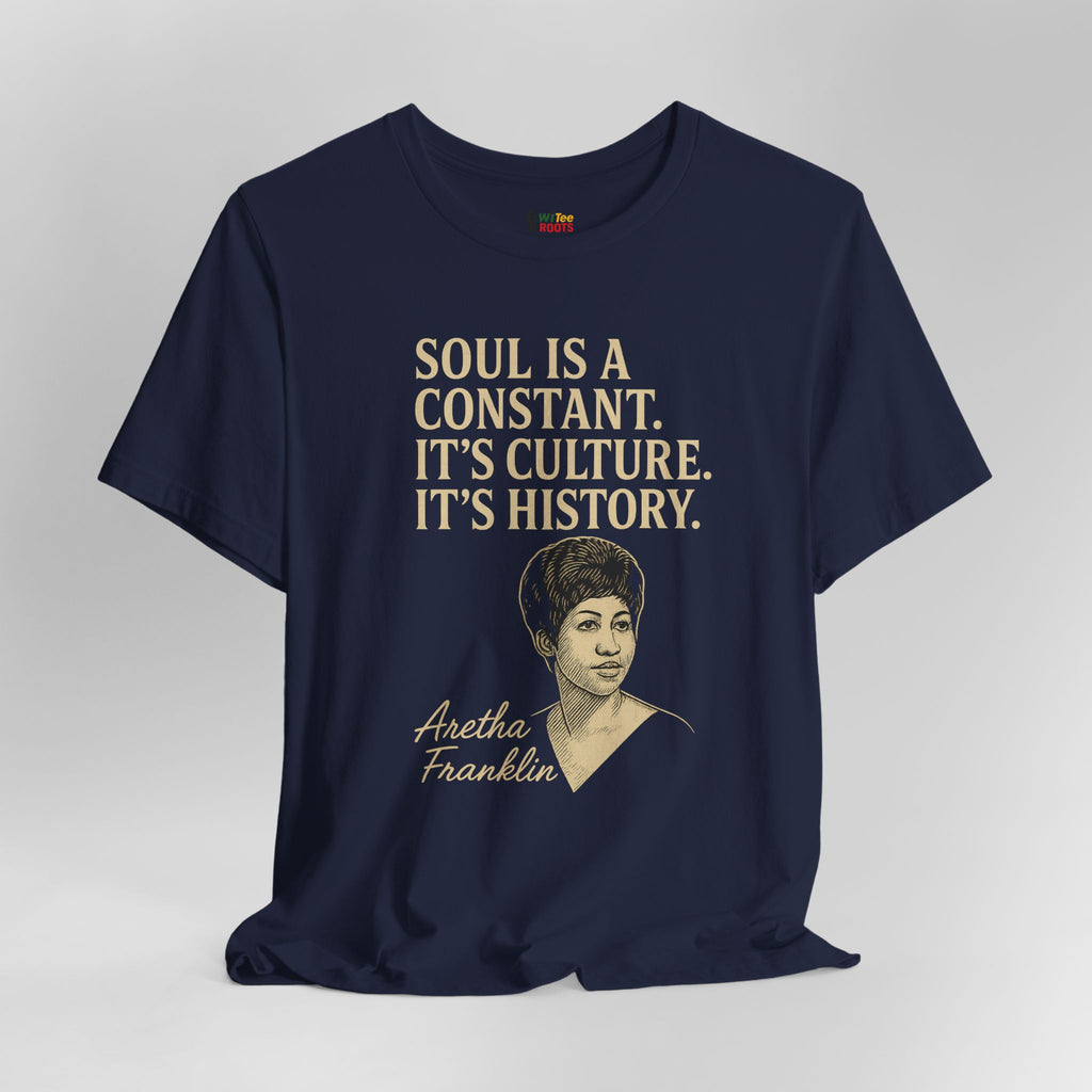 Navy blue t-shirt with a quote and portrait of Aretha Franklin on a gray background