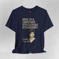 Navy blue t-shirt with a quote and portrait of Aretha Franklin on a gray background