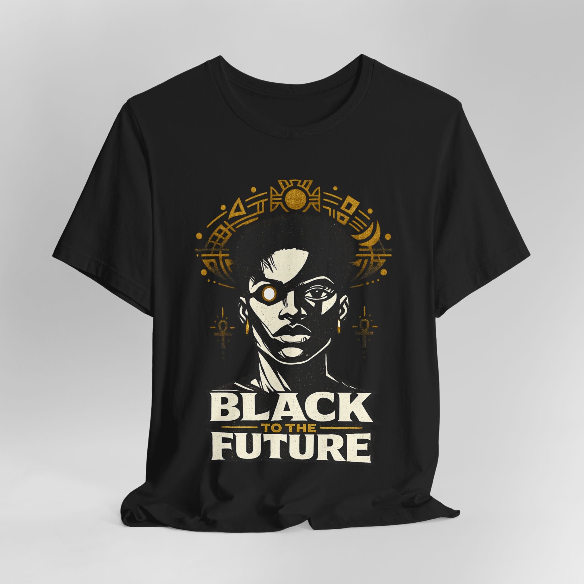 Black t-shirt with a graphic design and text 'Black to the Future' on a gray background